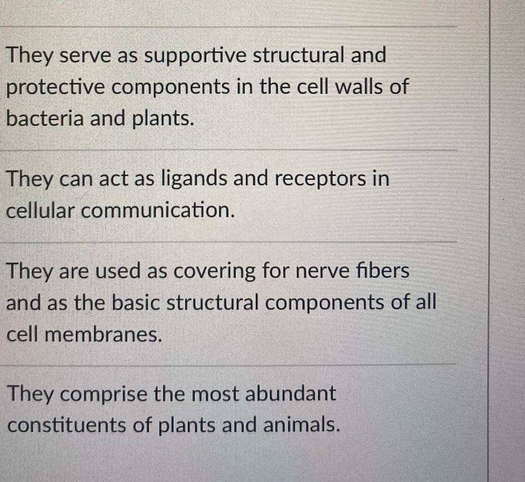 They serve as supportive structural and
protective components in the cell walls of
bacteria and plants.
They can act as ligands and receptors in
cellular communication.
They are used as covering for nerve fibers
and as the basic structural components of all
cell membranes.
They comprise the most abundant
constituents of plants and animals.
