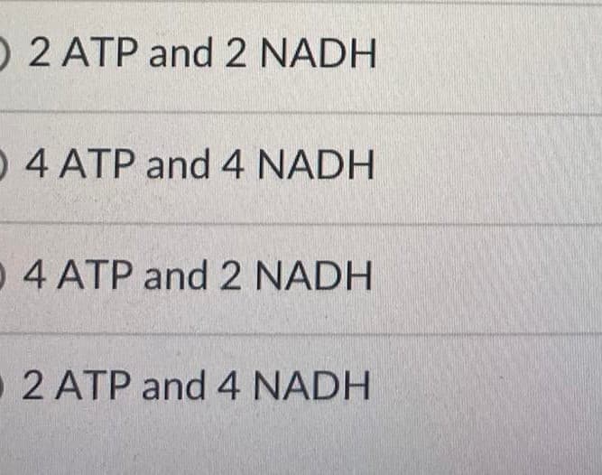O 2 ATP and 2 NADH
O 4 ATP and 4 NADH
O 4 ATP and 2 NADH
O 2 ATP and 4 NADH

