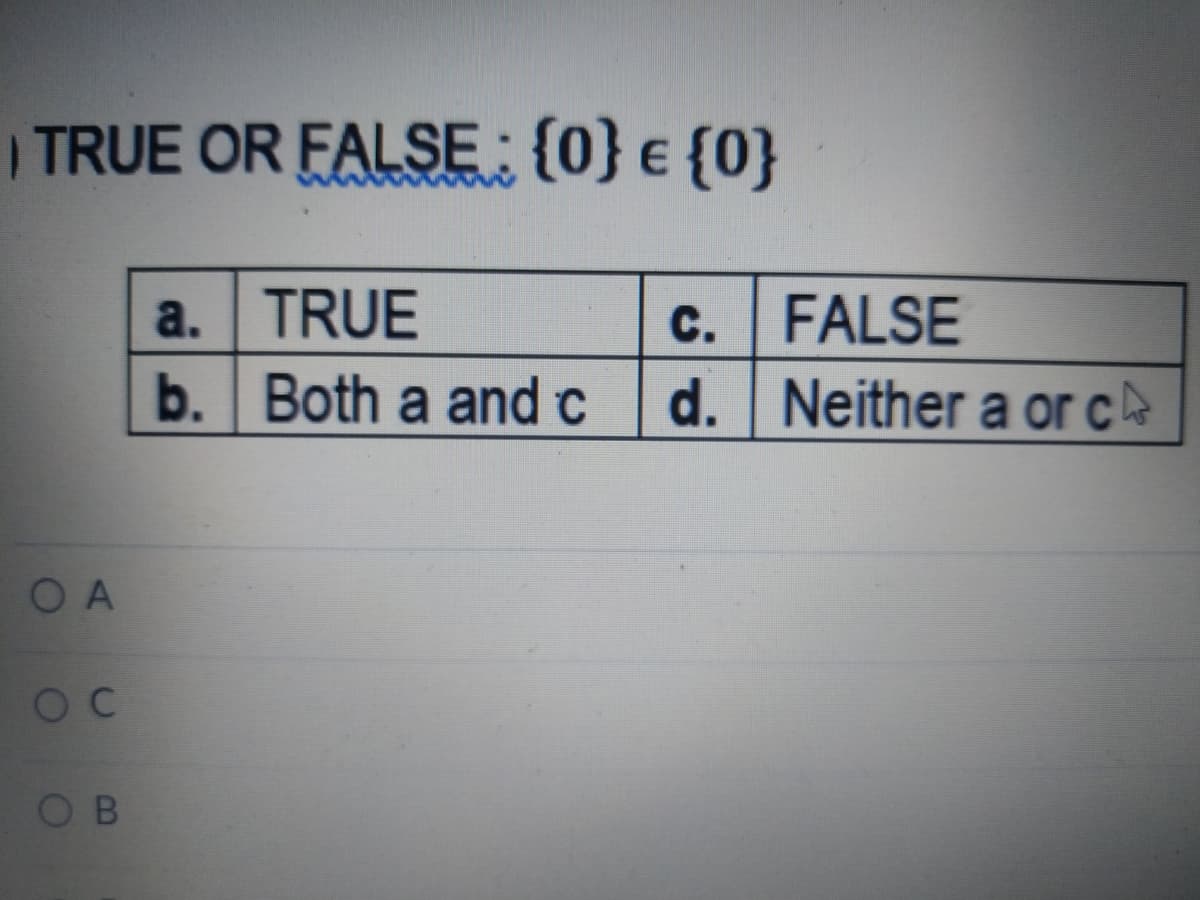 TRUE OR FALSE: {0} € {0}
OA
OC
OB
a. TRUE
c.
b. Both a and c d.
FALSE
Neither a orc