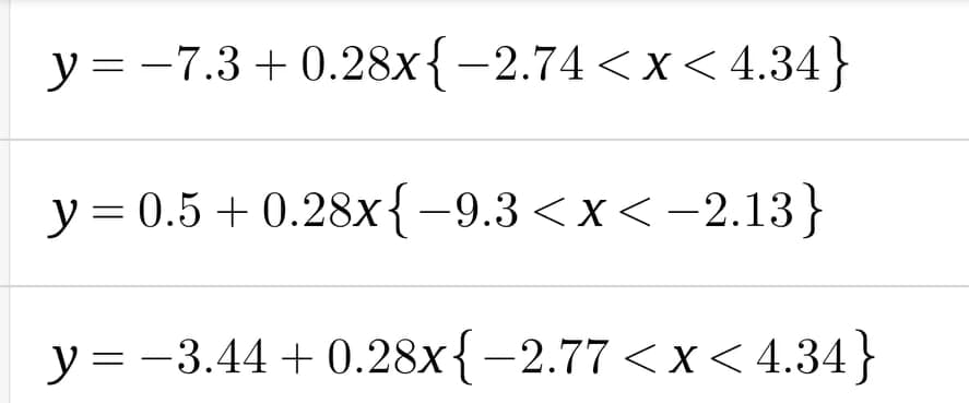 y = -7.3 + 0.28x{-2.74<x<4.34}
y = 0.5 + 0.28x{-9.3<x<-2.13}
y = -3.44 + 0.28x{-2.77 <x< 4.34}
