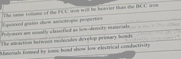 The same volume of the FCC iron will be heavier than the BCC iron
Equiaxed grains show anisotropic properties
Polymers are usually classified as low-density materials
lsct
The attraction between molecules develop primary bonds
erdening
Materials formed by ionic bond show low electrical conductivity
