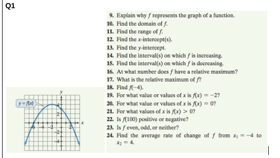 Q1
9. Explain why f represents the graph of a function.
10. Find the domain of f.
11. Find the range of f.
12. Find the x-intercept(s).
13. Find the y-intercept.
14. Find the interval(s) on which f is increasing.
15. Find the interval(s) on which f is decreasing.
16. At what number does f have a relative maximum?
17. What is the relative maximum of f?
18. Find f(-4).
19. For what value or values of x is f(x) = -2?
20. For what value or values of x is f(x) = 0?
21. For what values of x is f(x) > 0?
22. Is f(100) positive or negative?
23. Is f even, odd, or neither?
24. Find the average rate of change of f from x1 = -4 to
X2= 4.
