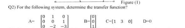 Figure (1)
Q2) For the following system, determine the transfer function?
1
A-
C-[1 3 0]
D-0
Lo -2 -3.
