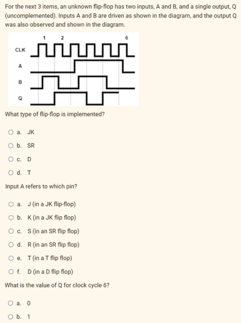 For the next 3 items, an unknown flip-flop has two inputs, A and B, and a single output, Q
(uncomplemented). Inputs A and B are driven as shown in the diagram, and the output Q
was also observed and shown in the diagram.
ini
CLK
A
B
Q
What type of flip-flop is implemented?
O a. JK
O b. SR
2
O C. D
O d. T
Input A refers to which pin?
O a. J (in a JK flip-flop)
O b. K (in a JK flip flop)
O c. S (in an SR flip flop)
O d. R (in an SR flip flop)
O e.
T (in a T flip flop)
O f. D (in a D flip flop)
What is the value of Q for clock cycle 6?
O a. 0
O b. 1