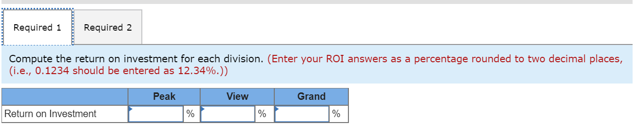 Required 1
Required 2
Compute the return on investment for each division. (Enter your ROI answers as a percentage rounded to two decimal places,
(i.e., 0.1234 should be entered as 12.34%.))
Peak
View
Grand
Return on Investment
%
