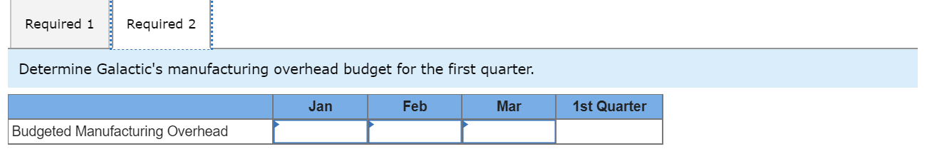 Required 1
Required 2
Determine Galactic's manufacturing overhead budget for the first quarter.
Jan
Feb
Mar
1st Quarter
Budgeted Manufacturing Overhead

