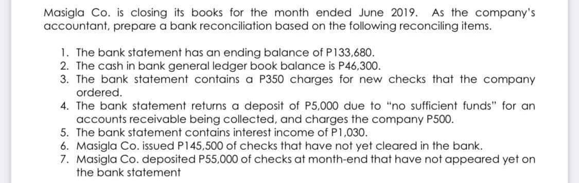Masigla Co. is closing its books for the month ended June 2019.
accountant, prepare a bank reconciliation based on the following reconciling items.
As the company's
1. The bank statement has an ending balance of P133,680.
2. The cash in bank general ledger book balance is P46,300.
3. The bank statement contains a P350 charges for new checks that the company
ordered.
4. The bank statement returns a deposit of P5,000 due to "no sufficient funds" for an
accounts receivable being collected, and charges the company P500.
5. The bank statement contains interest income of P1,030.
6. Masigla Co. issued P145,500 of checks that have not yet cleared in the bank.
7. Masigla Co. deposited P55,000 of checks at month-end that have not appeared yet on
the bank statement

