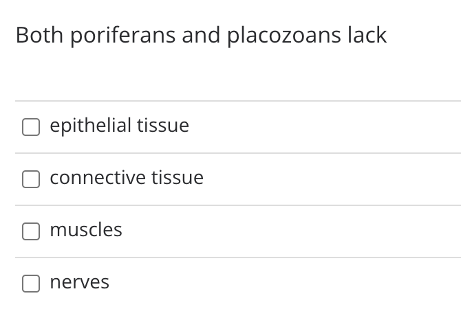 Both poriferans and placozoans lack
epithelial tissue
connective tissue
muscles
nerves
