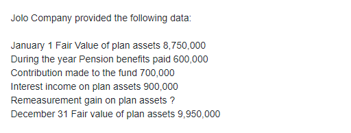 Jolo Company provided the following data:
January 1 Fair Value of plan assets 8,750,000
During the year Pension benefits paid 600,000
Contribution made to the fund 700,000
Interest income on plan assets 900,000
Remeasurement gain on plan assets ?
December 31 Fair value of plan assets 9,950,000
