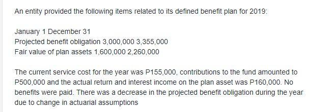An entity provided the following items related to its defined benefit plan for 2019:
January 1 December 31
Projected benefit obligation 3,000,000 3,355,000
Fair value of plan assets 1,600,000 2,260,000
The current service cost for the year was P155,000, contributions to the fund amounted to
P500,000 and the actual return and interest income on the plan asset was P160,000. No
benefits were paid. There was a decrease in the projected benefit obligation during the year
due to change in actuarial assumptions

