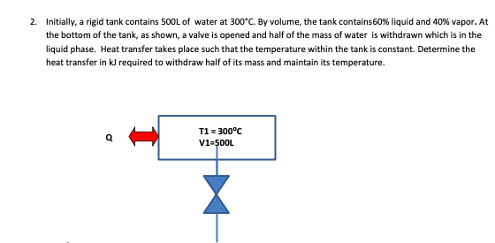 2. Initially, a rigid tank contains 500L of water at 300°C. By volume, the tank contains60% liquid and 40% vapor. At
the bottom of the tank, as shown, a valve is opened and half of the mass of water is withdrawn which is in the
liquid phase. Heat transfer takes place such that the temperature within the tank is constant. Determine the
heat transfer in kJ required to withdraw half of its mass and maintain its temperature.
T1 = 300°C
V1=500L
