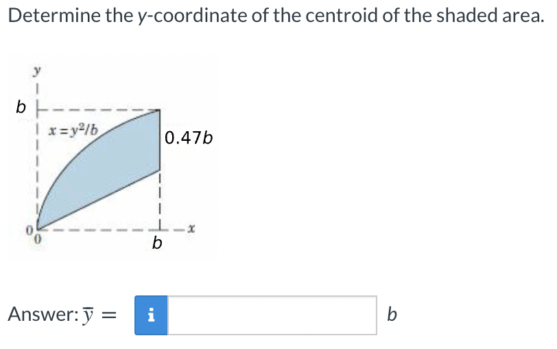 Determine the y-coordinate of the centroid of the shaded area.
y
bF--
Ix=y2/b
0.47b
b
Answer: y =
i
b
