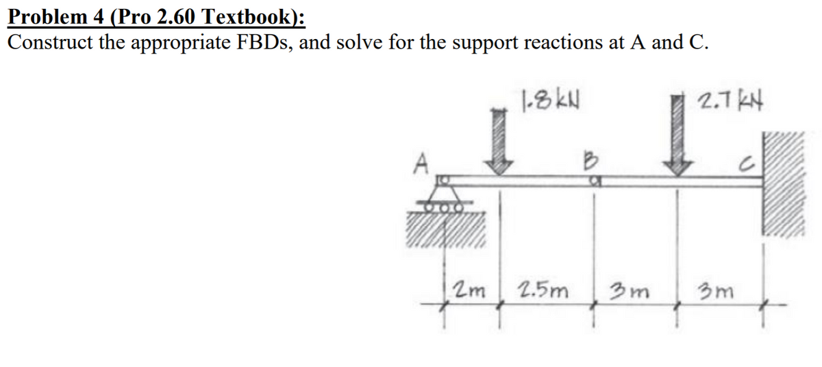 Problem 4 (Pro 2.60 Textbook):
Construct the appropriate FBDS, and solve for the support reactions at A and C.
|-8 kN
2.1 KH
2m
2.5m
3m
3m

