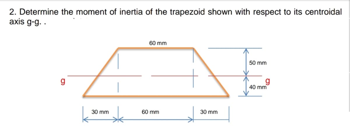 2. Determine the moment of inertia of the trapezoid shown with respect to its centroidal
axis g-g. .
60 mm
50 mm
g
40 mm
30 mm
60 mm
30 mm
