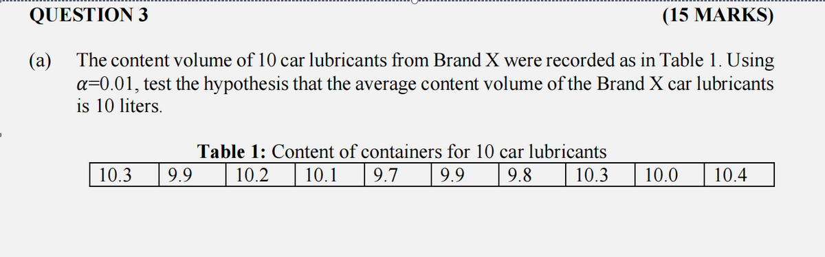 QUESTION 3
(15 MARKS)
The content volume of 10 car lubricants from Brand X were recorded as in Table 1. Using
(a)
a=0.01, test the hypothesis that the average content volume of the Brand X car lubricants
is 10 liters.
Table 1: Content of containers for 10 car lubricants
10.3
9.9
10.2
10.1
9.7
9.9
9.8
10.3
10.0
10.4
