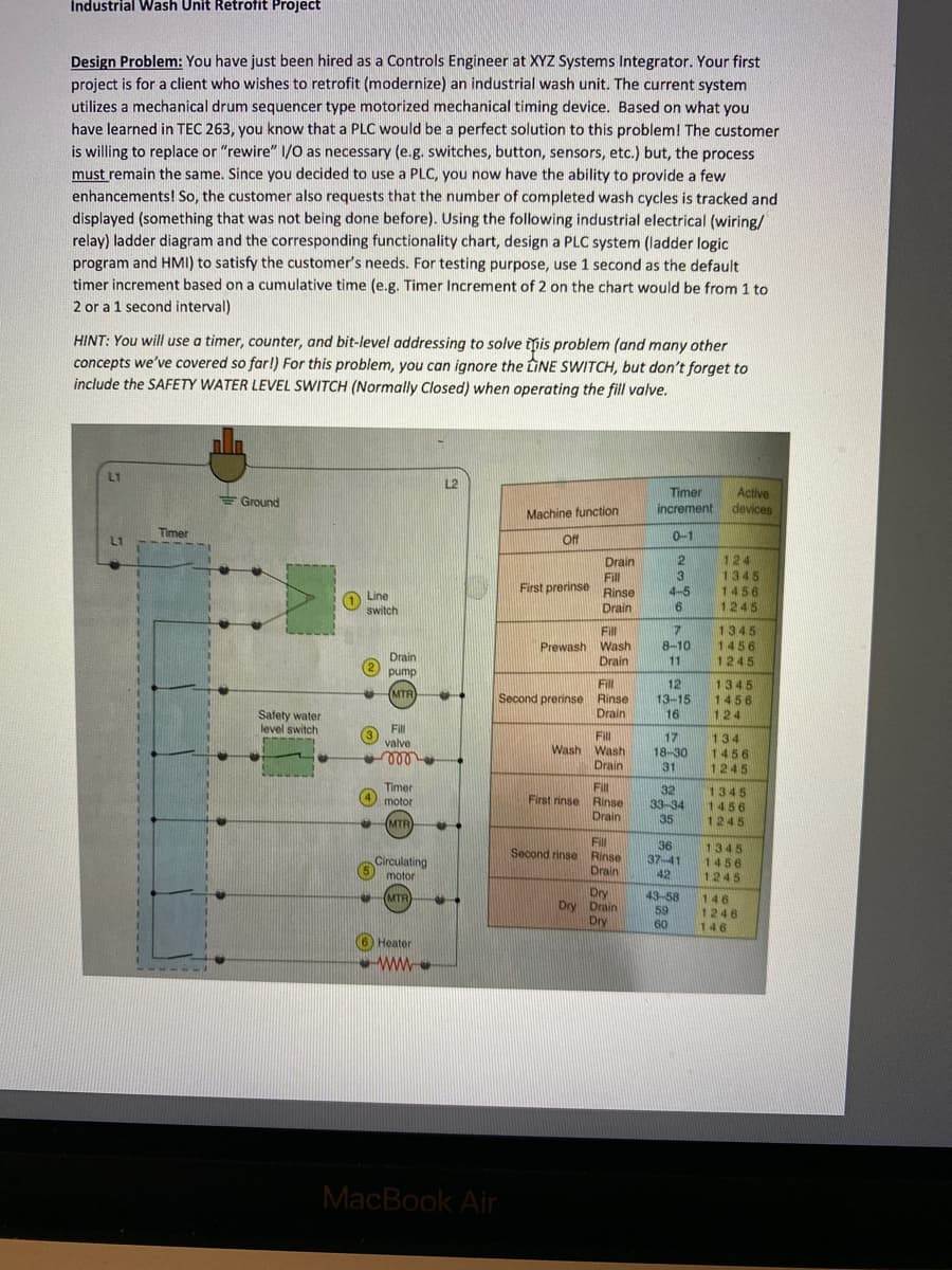 İndustrial Wash Unit Retrofit Project
Design Problem: You have just been hired as a Controls Engineer at XYZ Systems Integrator. Your first
project is for a client who wishes to retrofit (modernize) an industrial wash unit. The current system
utilizes a mechanical drum sequencer type motorized mechanical timing device. Based on what you
have learned in TEC 263, you know that a PLC would be a perfect solution to this problem! The customer
is willing to replace or "rewire" I/0 as necessary (e.g. switches, button, sensors, etc.) but, the process
must remain the same. Since you decided to use a PLC, you now have the ability to provide a few
enhancements! So, the customer also requests that the number of completed wash cycles is tracked and
displayed (something that was not being done before). Using the following industrial electrical (wiring/
relay) ladder diagram and the corresponding functionality chart, design a PLC system (ladder logic
program and HMI) to satisfy the customer's needs. For testing purpose, use 1 second as the default
timer increment based on a cumulative time (e.g. Timer Increment of 2 on the chart would be from 1 to
2 or a 1 second interval)
HINT: You will use a timer, counter, and bit-level addressing to solve ipis problem (and many other
concepts we've covered so far!) For this problem, you can ignore the LINE SWITCH, but don't forget to
include the SAFETY WATER LEVEL SWITCH (Normally Closed) when operating the fill valve.
L1
L2
Timer
increment
Active
devices
E Ground
Machine function
Timer
0-1
L1
ff
12
Drain
Fill
First prerinse Rinse
124
1345
1456
1245
4-5
O Line
switch
Drain
1345
1456
1245
Fill
8-10
Prewash Wash
Drain
Drain
2 pump
dwnd
(MTR
11
Fill
Second prerinse Rinse
Drain
1345
1456
124
12
%24
13-15
16
Safety water
level switch
Fill
(3
valve
Fill
Wash Wash
17
18-30
31
134
1456
1245
Drain
Timer
Fill
First rinse Rinse
32
33-34
35
1345
O motor
1456
1245
Drain
(MTR
Fill
Second rinse Rinse
36
37-41
42
1345
1456
1245
Circulating
Drain
motor
Dry
Dry Drain
Dry
43-58
59
60
(MTR
146
1246
146
Heater
wW.
MacBook Air

