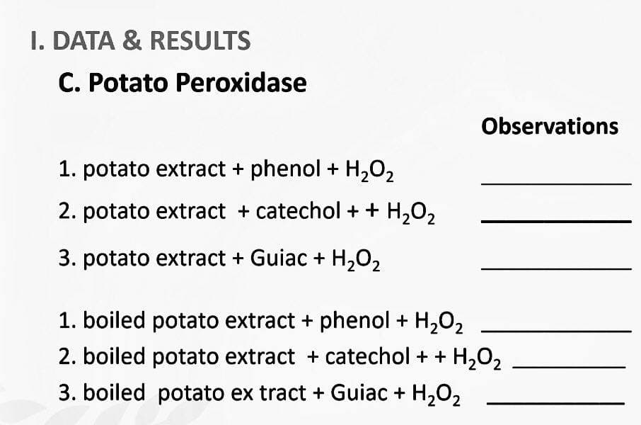 I. DATA & RESULTS
C. Potato Peroxidase
Observations
1. potato extract + phenol + H,02
2. potato extract + catechol + + H,02
3. potato extract + Guiac + H202
1. boiled potato extract + phenol + H202
2. boiled potato extract + catechol + + H,O,
3. boiled potato ex tract + Guiac + H,02
