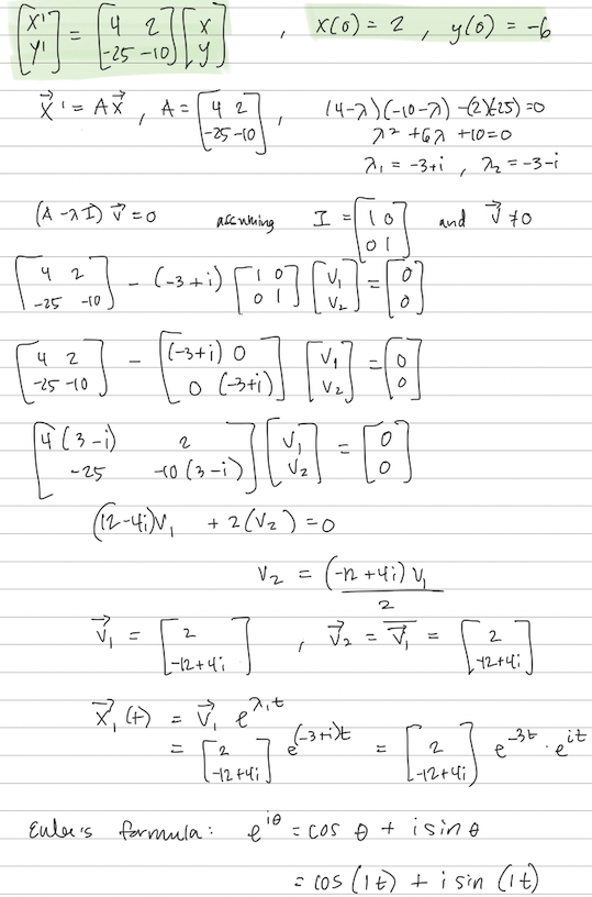 'X'
=
42
X
{][y
[-25-10) | y
X ₁ = AX
₁
42
-25-10
(4 (3-1)
-25
A = 42
1-25-10
(A-21) = 0
afcwming
10
ol
प
2
["₁²]- (-²+²) [60] [~] = [2
-25
-10
ol
V₂
Ò
V₁ =
7₁ (+)
[(-3+i) 0
0 (-3+1)
2
-0 (3-1)
2
1-12 +41
A
1
(12-4;)v, +2(√₂)=0
vi e
exit
= √2
Euler's formula:
-12 +41
x(0) = 2,
e
V₁
] [4=[8]
V₂
V₂ =
10
(4-2) (-10-2) -(2)/(25)=0
7² +62 +10=0
2₁ = −3+²₁ 22₂ = -3-i
= I
[J
V₁
[V]
V₂
=
0
0
(-3+i)t
✓
y(0) = -6
(-12² +4²) V₁_
2
, 3₁ = 7₁ = [24]
下
= cos (1 t)
ока рить
--12+4;
= cos + + ising.
_3+
+ i sin (it)
it