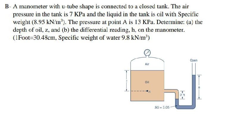 B- A manometer with u-tube shape is connected to a closed tank. The air
pressure in the tank is 7 KPa and the liquid in the tank is oil with Specific
weight (8.95 kN/m³). The pressure at point A is 13 KPa. Determine: (a) the
depth of oil, z, and (b) the differential reading, h, on the manometer.
(1Foot=30.48cm, Specific weight of water 9.8 kN/m³)
Open
Air
Oil
2 ft
SG = 3.05
