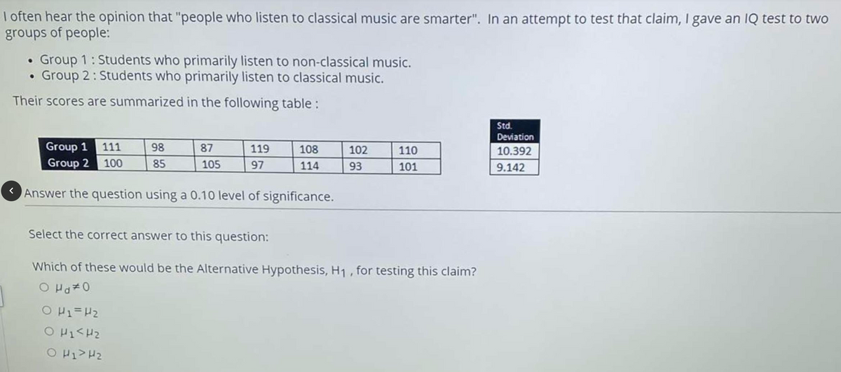 I often hear the opinion that "people who listen to classical music are smarter". In an attempt to test that claim, I gave an IQ test to two
groups of people:
•Group 1: Students who primarily listen to non-classical music.
• Group 2: Students who primarily listen to classical music.
Their scores are summarized in the following table:
Std.
Deviation
Group 1 111
Group 2 100
98
87
119
108
102
110
10.392
85
105
97
114
93
101
9.142
Answer the question using a 0.10 level of significance.
Select the correct answer to this question:
Which of these would be the Alternative Hypothesis, H1, for testing this claim?
