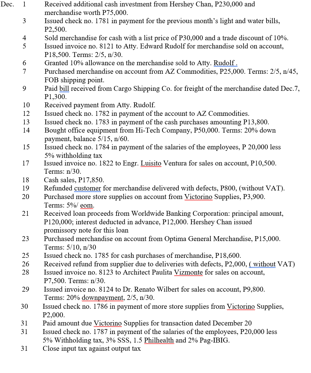 Received additional cash investment from Hershey Chan, P230,000 and
merchandise worth P75,000.
Issued check no. 1781 in payment for the previous month's light and water bills,
P2,500.
Sold merchandise for cash with a list price of P30,000 and a trade discount of 10%.
Issued invoice no. 8121 to Atty. Edward Rudolf for merchandise sold on account,
P18,500. Terms: 2/5, n/30.
Granted 10% allowance on the merchandise sold to Atty. Rudolf.
Purchased merchandise on account from AZ Commodities, P25,000. Terms: 2/5, n/45,
FOB shipping point.
Paid bill received from Cargo Shipping Co. for freight of the merchandise dated Dec.7,
P1,300.
Received payment from Atty. Rudolf.
Issued check no. 1782 in payment of the account to AZ Commodities.
Issued check no. 1783 in payment of the cash purchases amounting P13,800.
Bought office equipment from Hi-Tech Company, P50,000. Terms: 20% down
payment, balance 5/15, n/60.
Issued check no. 1784 in payment of the salaries of the employees, P 20,000 less
5% withholding tax
Issued invoice no. 1822 to Engr. Luisito Ventura for sales on account, P10,500.
Terms: n/30.
Dec.
1
3
4
5
6.
7
10
12
13
14
15
17
Cash sales, P17,850.
Refunded customer for merchandise delivered with defects, P800, (without VAT).
Purchased more store supplies on account from Victorino Supplies, P3,900.
Terms: 5%/ eom.
18
19
20
Received loan proceeds from Worldwide Banking Corporation: principal amount,
P120,000; interest deducted in advance, P12,000. Hershey Chan issued
promissory note for this loan
Purchased merchandise on account from Optima General Merchandise, P15,000.
Terms: 5/10, n/30
Issued check no. 1785 for cash purchases of merchandise, P18,600.
Received refund from supplier due to deliveries with defects, P2,000, ( without VAT)
Issued invoice no. 8123 to Architect Paulita Vizmonte for sales on account,
P7,500. Terms: n/30.
Issued invoice no. 8124 to Dr. Renato Wilbert for sales on account, P9,800.
Terms: 20% downpayment, 2/5, n/30.
Issued check no. 1786 in payment of more store supplies from Victorino Supplies,
P2,000.
Paid amount due Victorino Supplies for transaction dated December 20
Issued check no. 1787 in payment of the salaries of the employees, P20,000 less
5% Withholding tax, 3% SSS, 1.5 Philhealth and 2% Pag-IBIG.
Close input tax against output tax
21
23
25
26
28
29
30
31
31
31
