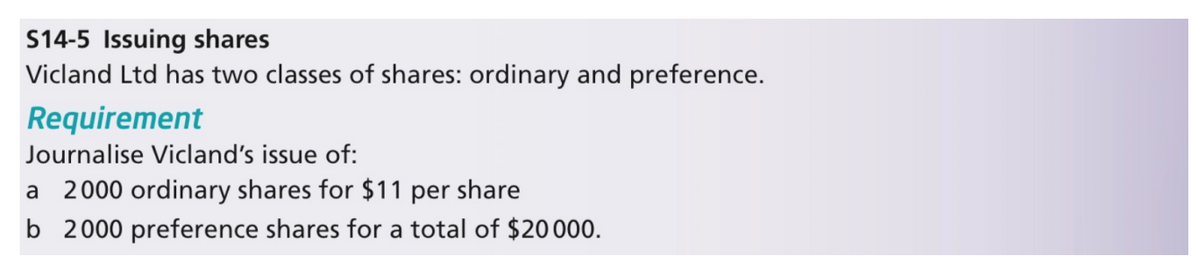 S14-5 Issuing shares
Vicland Ltd has two classes of shares: ordinary and preference.
Requirement
Journalise Vicland's issue of:
a 2000 ordinary shares for $11 per share
b 2000 preference shares for a total of $20000.
