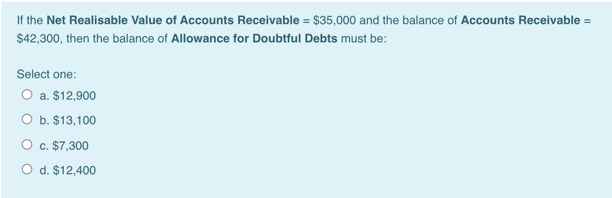 If the Net Realisable Value of Accounts Receivable = $35,000 and the balance of Accounts Receivable =
%3D
$42,300, then the balance of Allowance for Doubtful Debts must be:
Select one:
a. $12,900
O b. $13,100
O c. $7,300
O d. $12,400
