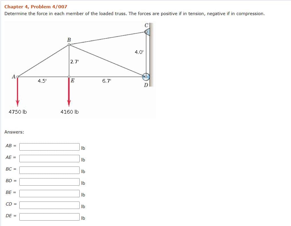 Chapter 4, Problem 4/007
Determine the force in each member of the loaded truss. The forces are positive if in tension, negative if in compression.
4.0'
2.7'
4.5'
E
6.7'
4750 lb
4160 lb
Answers:
AB =
Ib
AE =
Ib
ВС —
Ib
BD =
Ib
BE =
Ib
CD =
Ib
DE =
Ib
