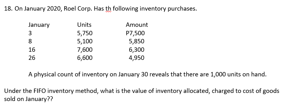 18. On January 2020, Roel Corp. Has th following inventory purchases.
January
Units
Amount
5,750
5,100
7,600
6,600
3
P7,500
5,850
6,300
4,950
8
16
26
A physical count of inventory on January 30 reveals that there are 1,000 units on hand.
Under the FIFO inventory method, what is the value of inventory allocated, charged to cost of goods
sold on January??
