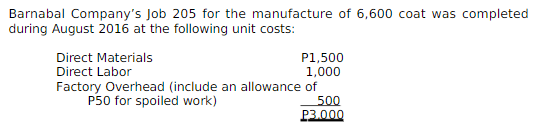 Barnabal Company's Job 205 for the manufacture of 6,600 coat was completed
during August 2016 at the following unit costs:
Direct Materials
Direct Labor
P1,500
1,000
Factory Overhead (include an allowance of
500
P3.000
P50 for spoiled work)
