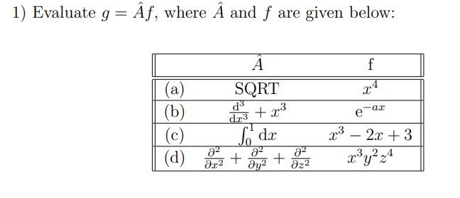 1) Evaluate g = Af, where A and f are given below:
(a)
(b)
(c)
(d)
A
SQRT
d³
dr³ + x³
dx
8² 8²
+ +992
əx² Əy²
f
x4
-ax
e
x³ - 2x +3
x³y²z4