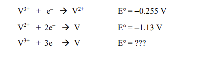 V³+ + e
V²+
V2+ + 2e → V
V³+ + 3e → V
E° = -0.255 V
Eº = -1.13 V
E° = ???