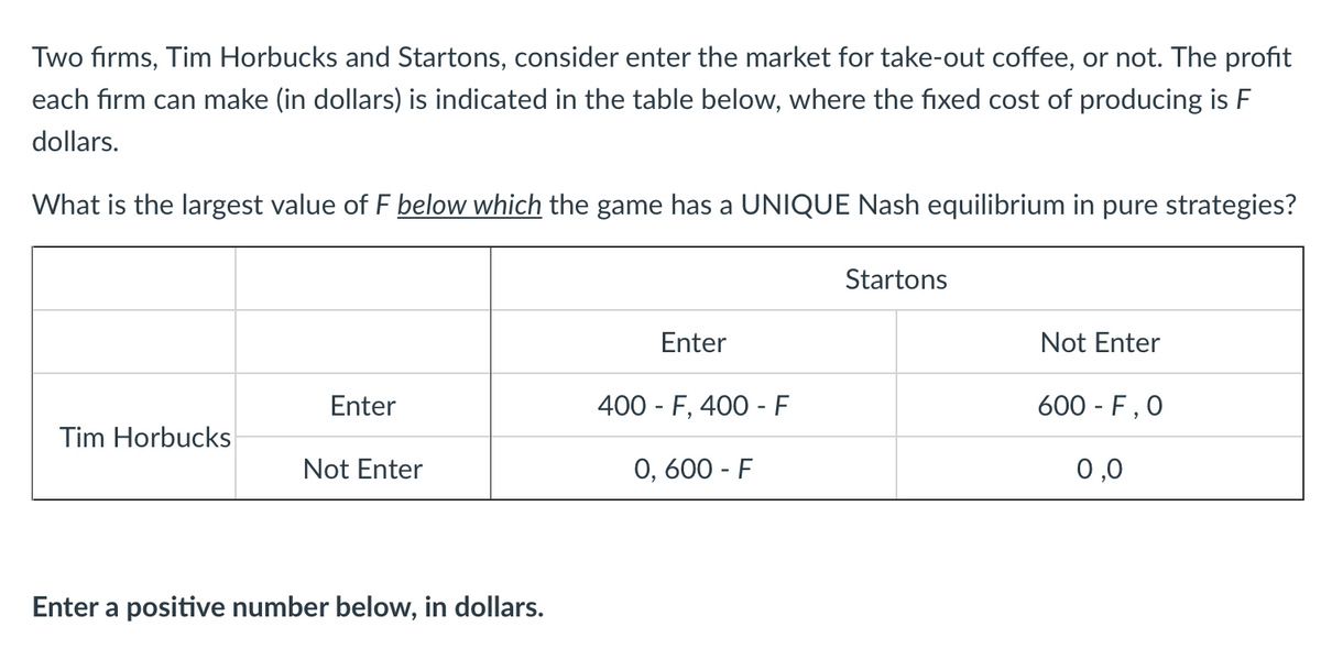 Two firms, Tim Horbucks and Startons, consider enter the market for take-out coffee, or not. The profit
each firm can make (in dollars) is indicated in the table below, where the fixed cost of producing is F
dollars.
What is the largest value of F below which the game has a UNIQUE Nash equilibrium in pure strategies?
Startons
Enter
Not Enter
Enter
400 - F, 400 - F
600 - F,0
Tim Horbucks
Not Enter
0, 600 - F
0 ,0
Enter a positive number below, in dollars.
