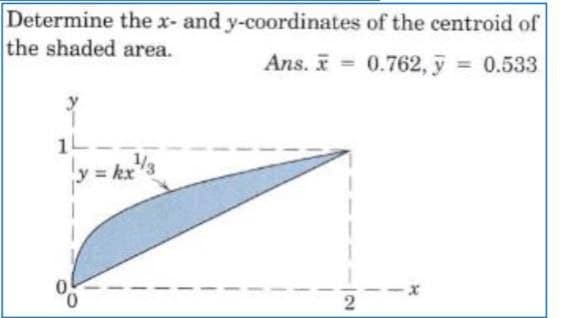 Determine thex- and y-coordinates of the centroid of
the shaded area.
Ans. =
0.762, y
= 0.533
%3D
%3D
y
y kx
0,
2
