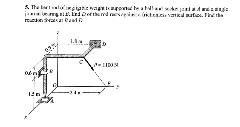 5. The bent rod of negligible weight is supported by a ball-and-socket joint at A and a single
journal bearing at B. End D of the rod rests against a frictionless vertical surface. Find the
reaction forces at B and D.
0.6 m
1.5 m
0.9 m
NEGROSSERIES B
B
Z
0
A
1.8 m
-2.4 m
P= 1100 N
y