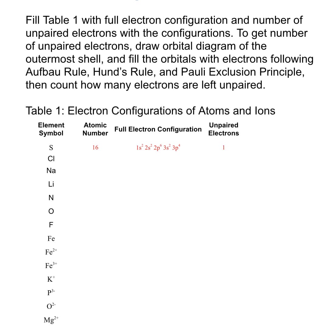 Fill Table 1 with full electron configuration and number of
unpaired electrons with the configurations. To get number
of unpaired electrons, draw orbital diagram of the
outermost shell, and fill the orbitals with electrons following
Aufbau Rule, Hund's Rule, and Pauli Exclusion Principle,
then count how many electrons are left unpaired.
Table 1: Electron Configurations of Atoms and lons
Element
Atomic
Unpaired
Full Electron Configuration
Symbol
Number
Electrons
S
1s° 2s° 2p° 3s° 3p*
16
CI
Na
Li
F
Fe
Fe2+
Fe+
K*
P3-
O2-
Mg**
