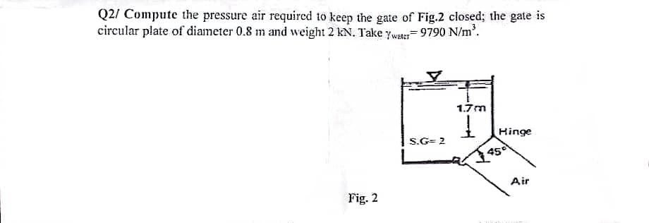 Q2/ Compute the pressure air required to keep the gate of Fig.2 closed; the gate is
circular plate of diameter 0.8 m and weight 2 kN. Take Ywater- 9790 N/m³.
Fig. 2
S.G= 2
1.7m
1
Hinge
45
34
Air