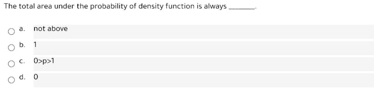 The total area under the probability of density function is always
а.
not above
b.
1
C.
O>p>1
d. 0
