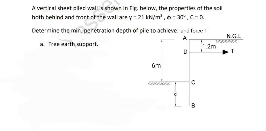 A vertical sheet piled wall is shown in Fig. below, the properties of the soil
both behind and front of the wall are y = 21 kN/m³, $ = 30°, C = 0.
ont of
Determine the min.
penetration depth of pile to achieve: and force T
A
N.G.L
M
1.2m
D
T
6m
BUNUN
a. Free earth support.
d
L
C
B