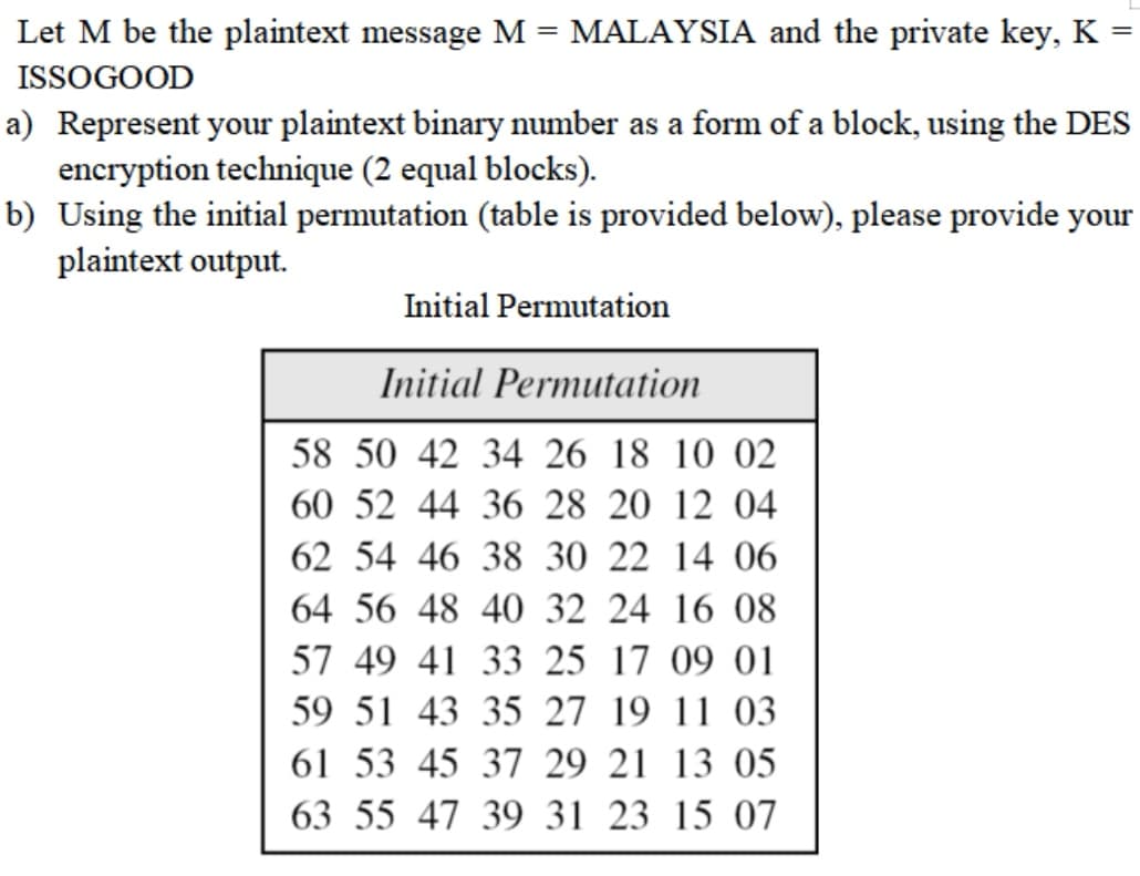 Let M be the plaintext message M = MALAYSIA and the private key, K
||
ISSOGOOD
a) Represent your plaintext binary number as a form of a block, using the DES
encryption technique (2 equal blocks).
b) Using the initial permutation (table is provided below), please provide your
plaintext output.
Initial Permutation
Initial Permutation
58 50 42 34 26 18 10 02
60 52 44 36 28 20 12 04
62 54 46 38 30 22 14 06
64 56 48 40 32 24 16 08
57 49 41 33 25 17 09 01
59 51 43 35 27 19 11 03
61 53 45 37 29 21 13 05
63 55 47 39 31 23 15 07
