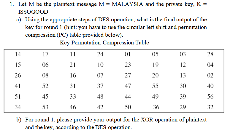 1. Let M be the plaintext message M = MALAYSIA and the private key, K =
ISSOGOOD
a) Using the appropriate steps of DES operation, what is the final output of the
key for round 1 (hint: you have to use the circular left shift and permutation
compression (PC) table provided below).
Key Permutation-Compression Table
14
17
11
24
01
05
03
28
15
06
21
10
23
19
12
04
26
08
16
07
27
20
13
02
41
52
31
37
47
55
30
40
51
45
33
48
44
49
39
56
34
53
46
42
50
36
29
32
b) For round 1, please provide your output for the XOR operation of plaintext
and the key, according to the DES operation.

