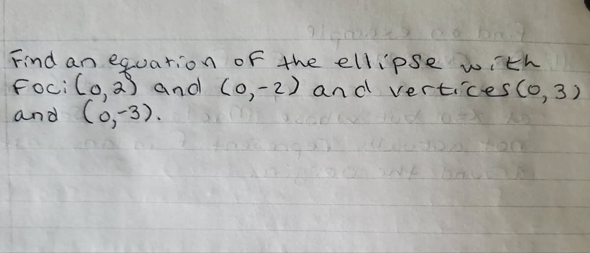 Find an eguation of the ellipse with
Focilo,a) and (0,-2) and verticesc0,3)
and Có,-3).
