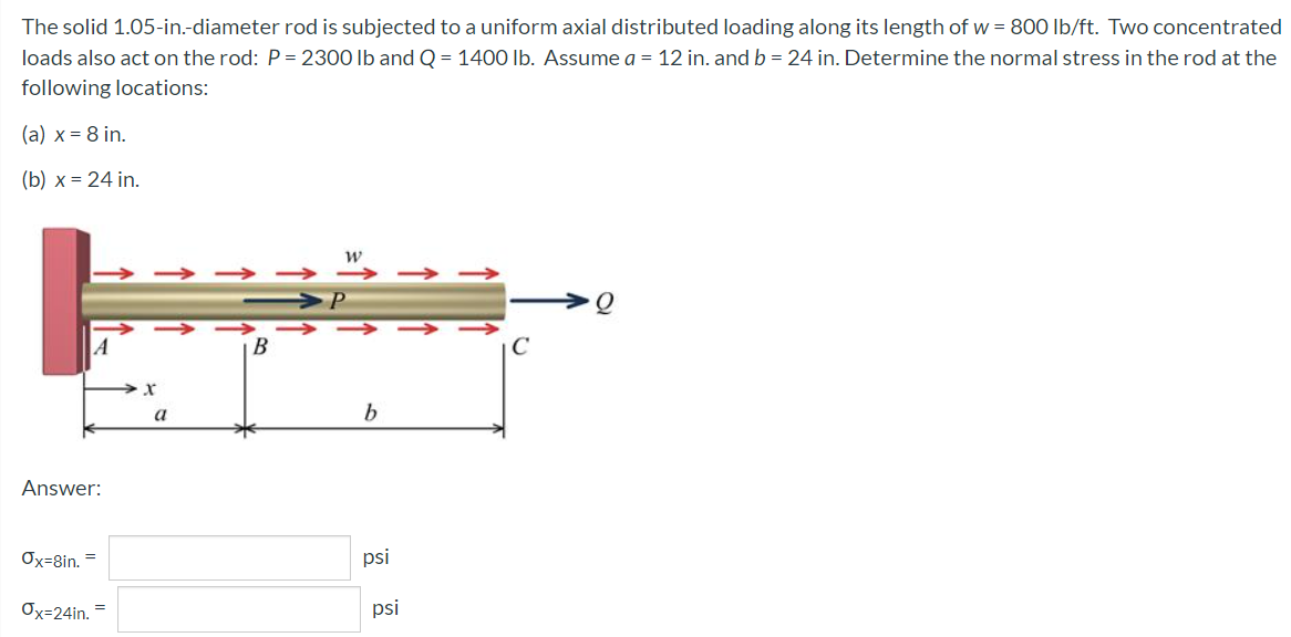 The solid 1.05-in.-diameter rod is subjected to a uniform axial distributed loading along its length of w = 800 lb/ft. Two concentrated
loads also act on the rod: P= 2300 lb and Q = 1400 lb. Assume a = 12 in. and b = 24 in. Determine the normal stress in the rod at the
following locations:
(a) x = 8 in.
(b) x = 24 in.
→ → -→
P
B
a
Answer:
Ox=8in. =
psi
Ox=24in. =
psi
