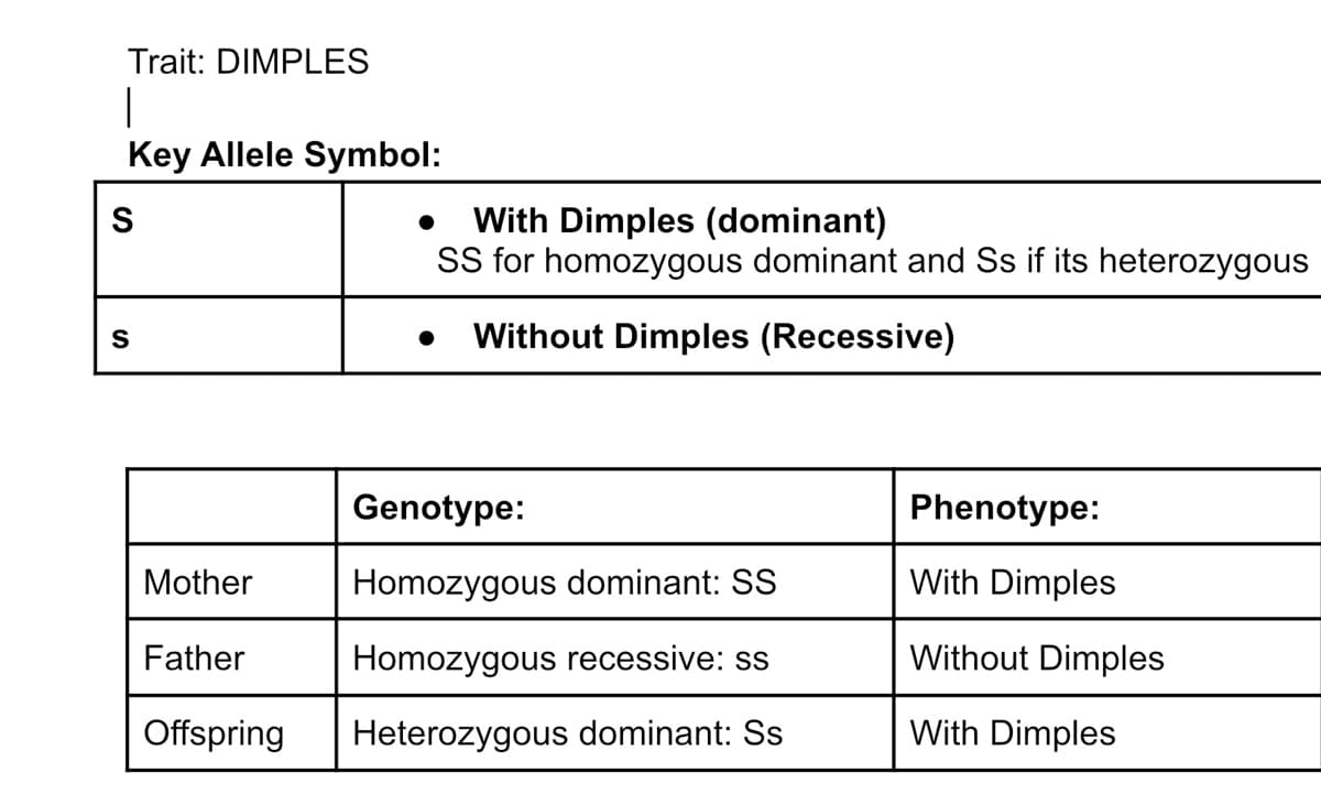 Trait: DIMPLES
|
Key Allele Symbol:
With Dimples (dominant)
S for homozygous dominant and Ss if its heterozygous
Without Dimples (Recessive)
Genotype:
Phenotype:
Mother
Homozygous dominant: SS
With Dimples
Father
Homozygous recessive: ss
Without Dimples
Offspring
Heterozygous dominant: Ss
With Dimples
