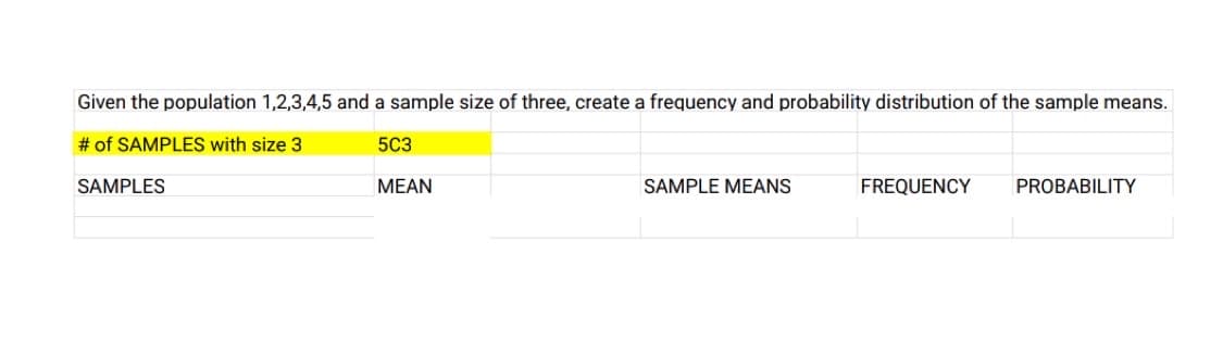 Given the population 1,2,3,4,5 and a sample size of three, create a frequency and probability distribution of the sample means.
# of SAMPLES with size 3
5C3
SAMPLES
MEAN
SAMPLE MEANS
FREQUENCY
PROBABILITY