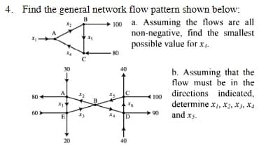 4. Find the general network flow pattern shown below:
100 a. Assuming the flows are all
non-negative, find the smallest
possible value for x,.
80
30
40
b. Assuming that the
flow must be in the
directions indicated,
80
100
determine x, X2, X3, X4
and xs.
60
90
D
20
40
