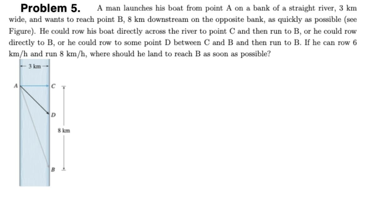 A man launches his boat from point A on a bank of a straight river, 3 km
wide, and wants to reach point B, 8 km downstream on the opposite bank, as quickly as possible (see
Problem 5.
Figure). He could row his boat directly across the river to point C and then run to B, or he could row
directly to B, or he could row to some point D between C and B and then run to B. If he can row 6
km/h and run 8 km/h, where should he land to reach B as soon as possible?
3 km
CT
8 km
