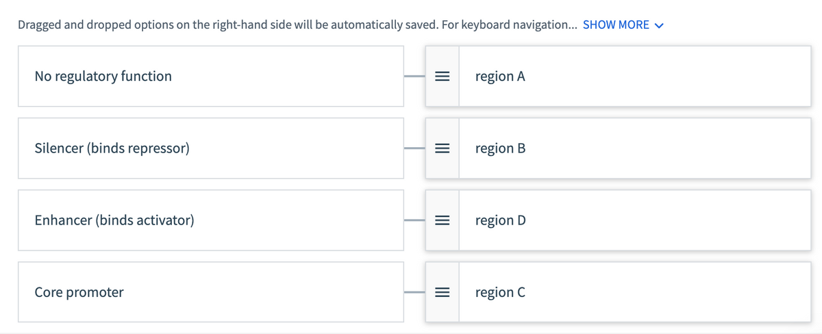 Dragged and dropped options on the right-hand side will be automatically saved. For keyboard navigation... SHOW MORE ✓
No regulatory function
Silencer (binds repressor)
Enhancer (binds activator)
Core promoter
=
|||
|||
region A
region B
region D
region C