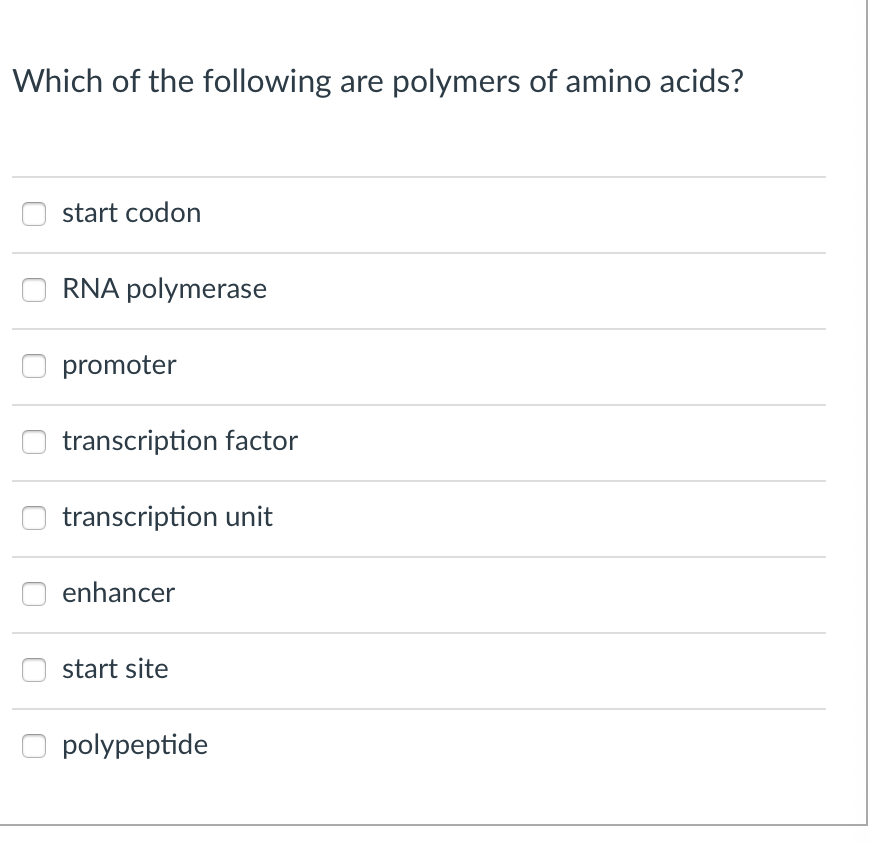 Which of the following are polymers of amino acids?
start codon
RNA polymerase
promoter
transcription factor
transcription unit
enhancer
start site
polypeptide