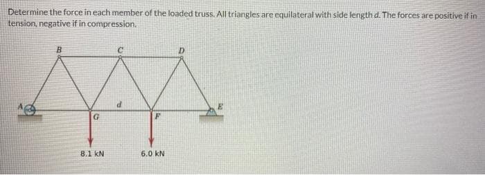 Determine the force in each member of the loaded truss. All triangles are equilateral with side length d. The forces are positive if in
tension, negative if in compression.
B
G
8.1 kN
d
W
F
6.0 KN